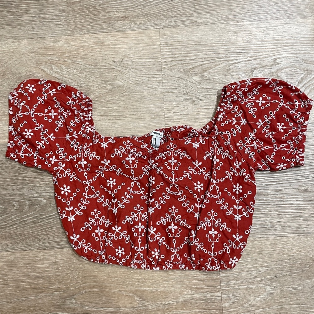 Red Embroidered Cropped Top